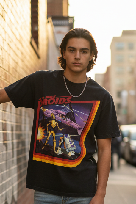 Teen model with medium straight hair wearing Star Wars Droids tee