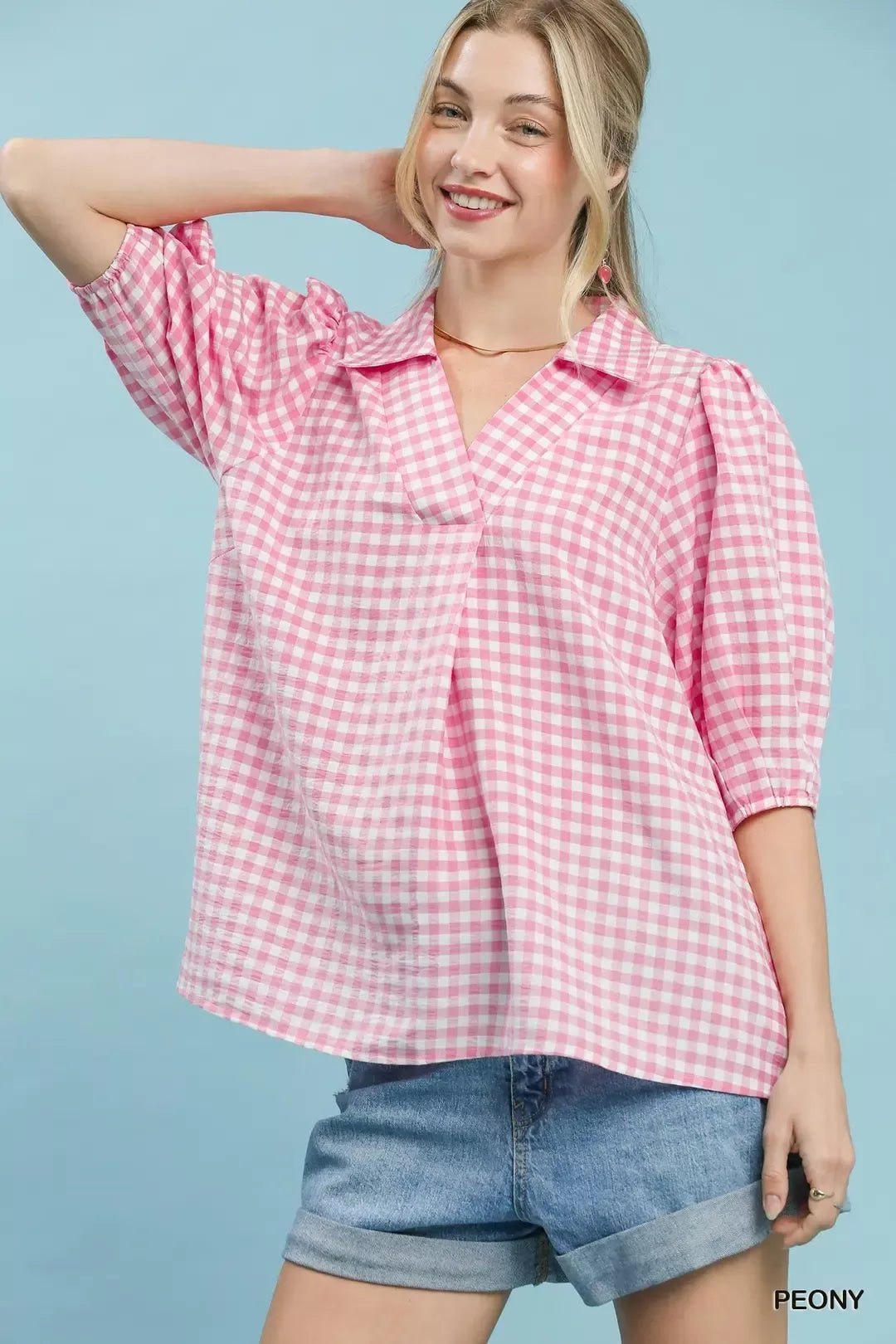 Umgee Gingham Puff Sleeve Collared Blouse - FreshFinds