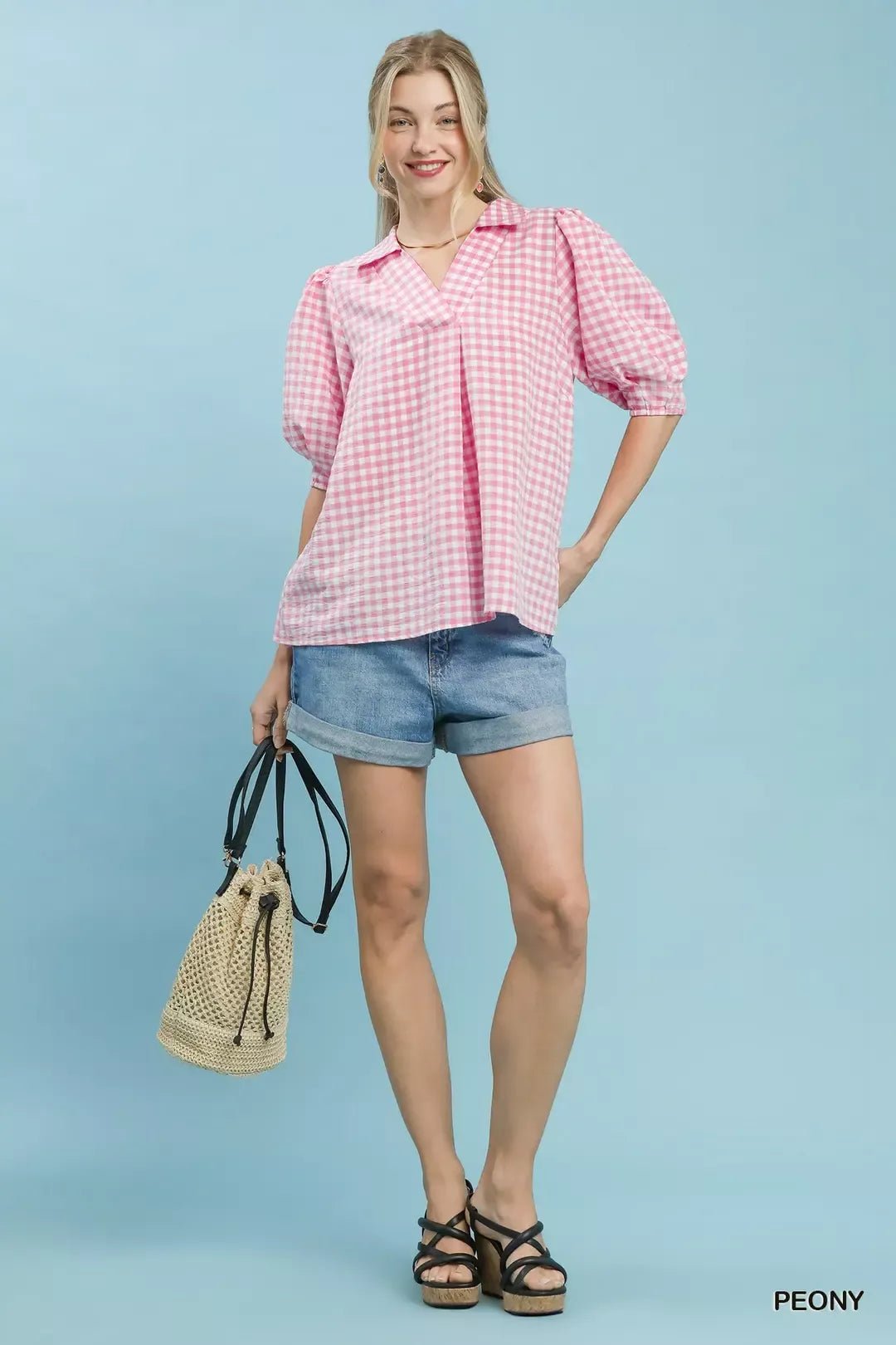 Umgee Gingham Puff Sleeve Collared Blouse - FreshFinds
