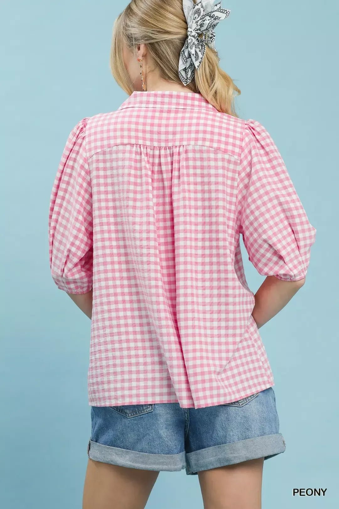 Umgee Gingham Puff Sleeve Collared Blouse - FreshFinds