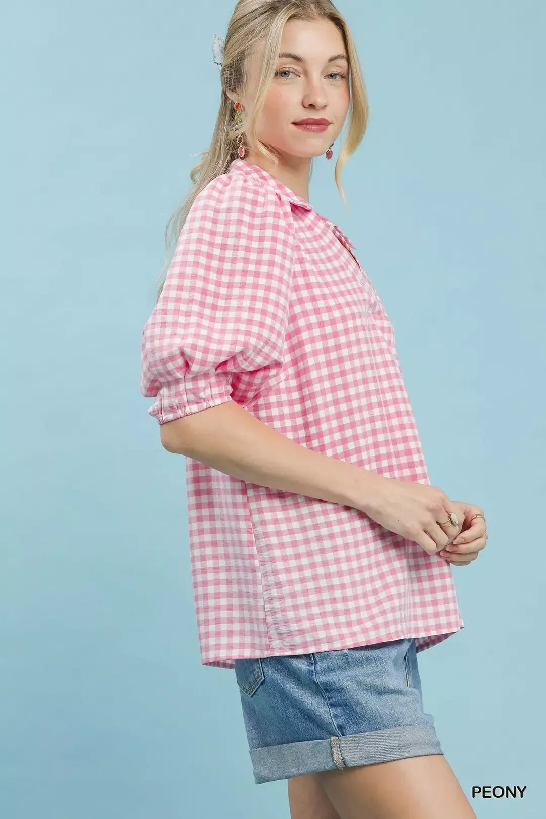 Umgee Gingham Puff Sleeve Collared Blouse - FreshFinds