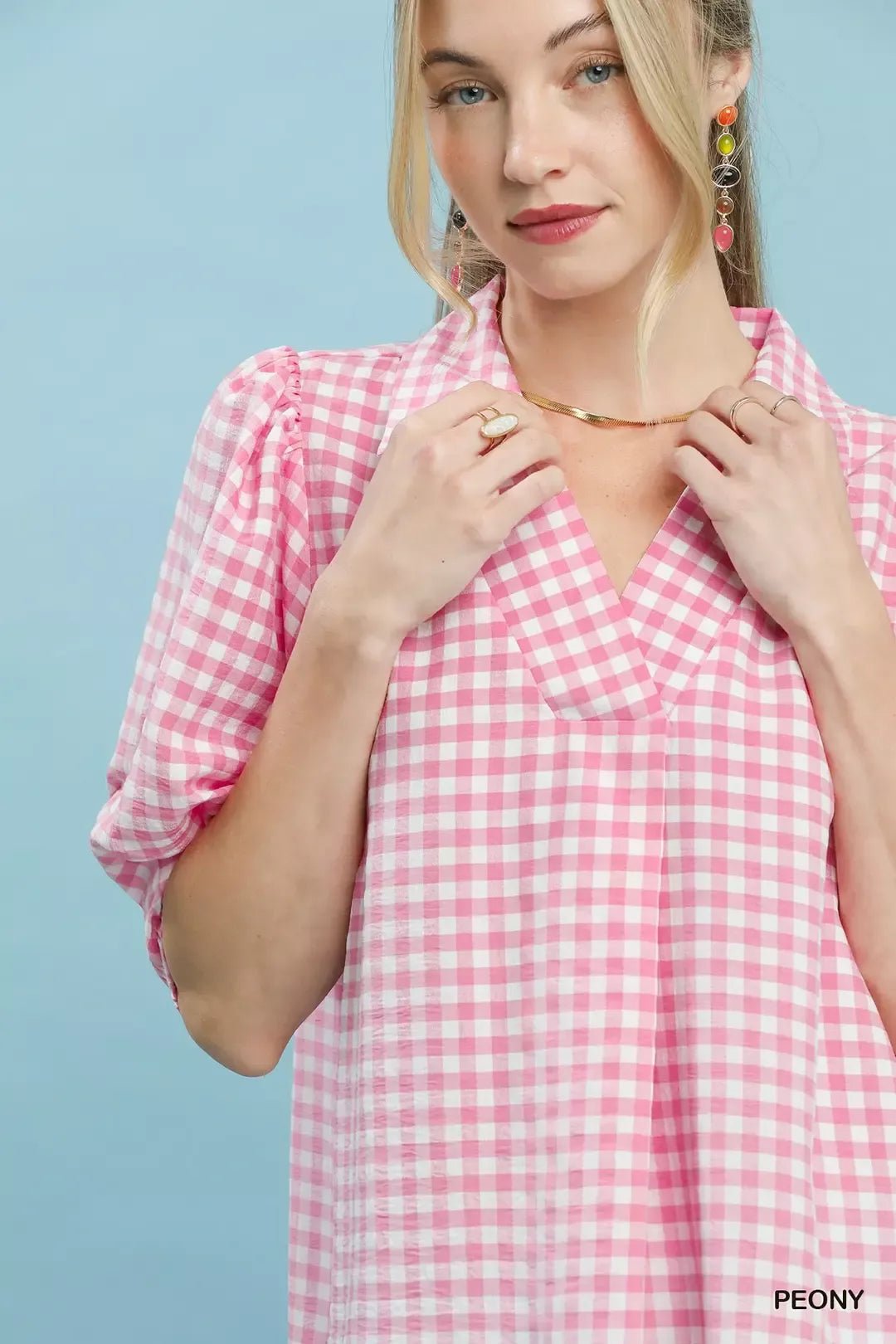 Umgee Gingham Puff Sleeve Collared Blouse - FreshFinds