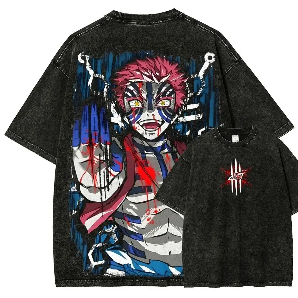Washed Vintage Akaza T-shirt Demon Slayer Manga Graphic - FreshFinds