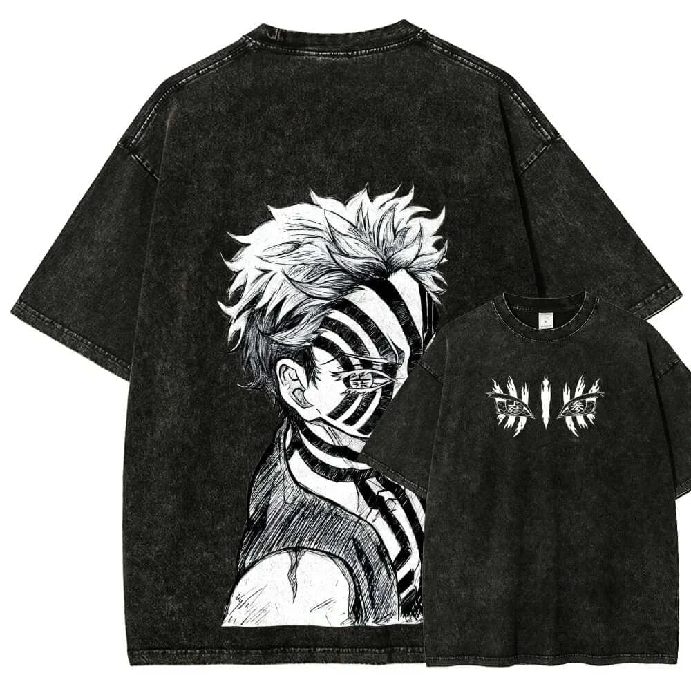 Washed Vintage Akaza T-shirt Demon Slayer Manga Graphic - FreshFinds
