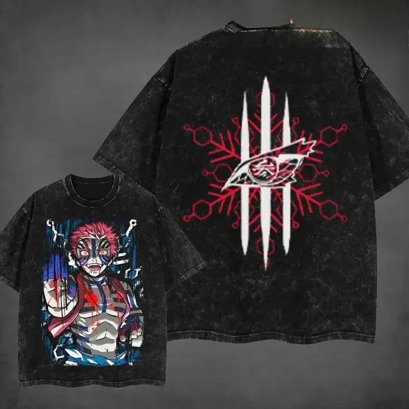 Washed Vintage Akaza T-shirt Demon Slayer Manga Graphic - FreshFinds