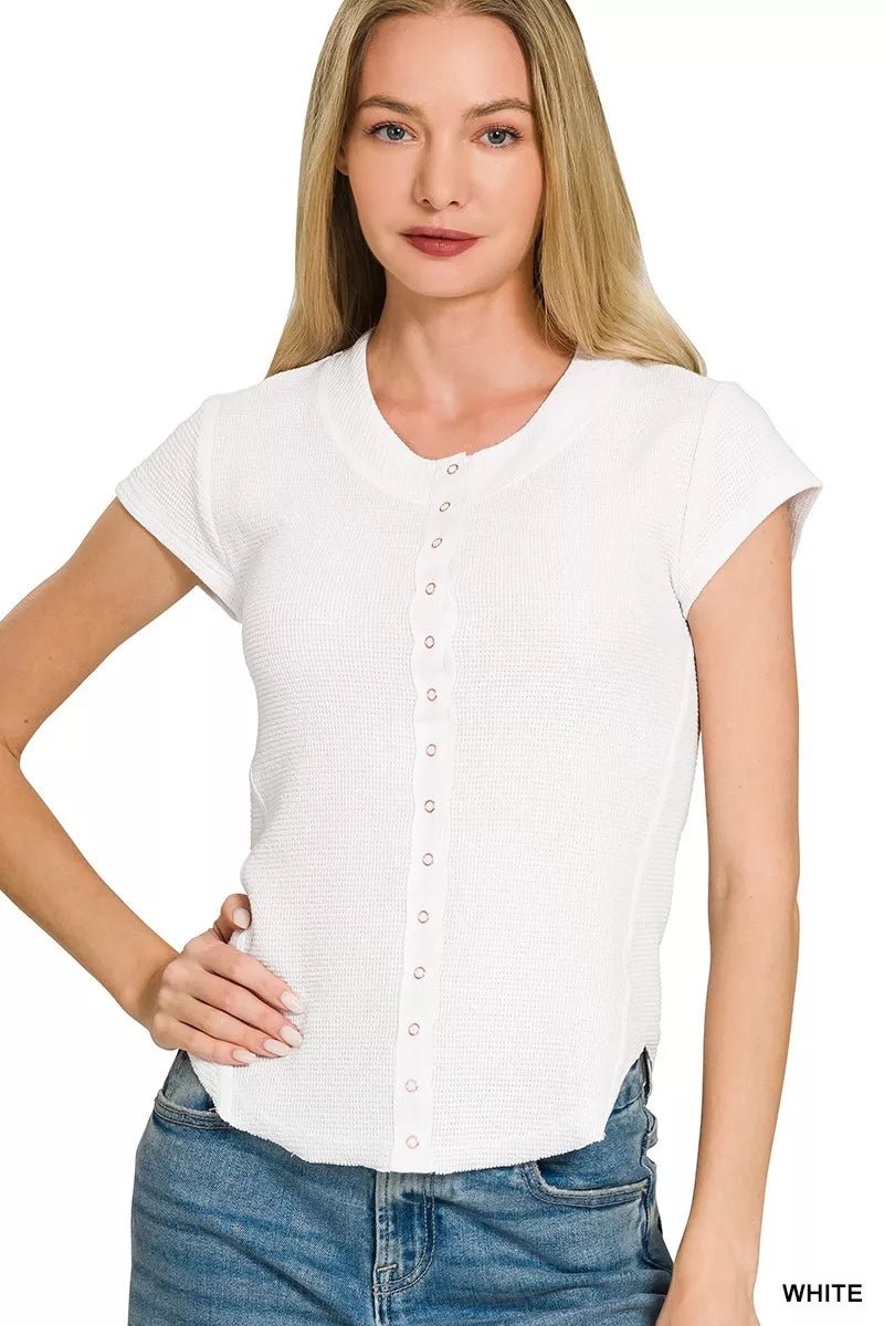 Zenana Double Knit Snap Button Short Sleeve Shirt - FreshFinds
